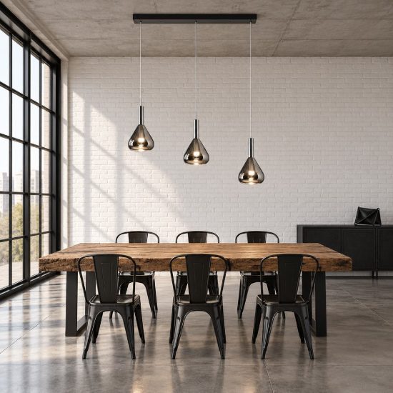 Lampadario a sospensione 3 luci led 16,8w 2000k 4000k dim to warm nero con vetri fumè cromati