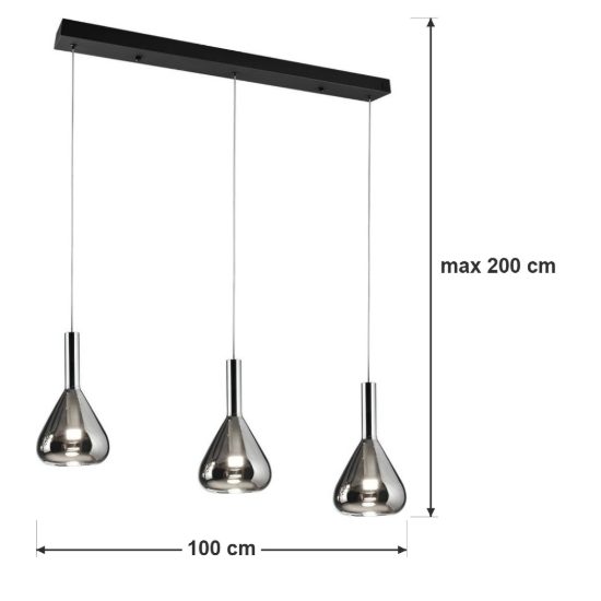 Lampadario a sospensione 3 luci led 16,8w 2000k 4000k dim to warm nero con vetri fumè cromati