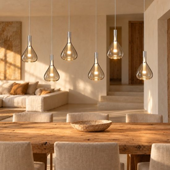 Lampadario a sospensione 6 luci led 33,6w 2000k 4000k dim to warm bianco con vetri trasparenti