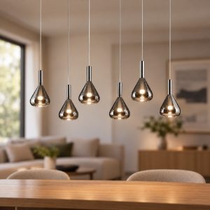 Lampadario a sospensione 6 luci led 33,6w 2000k 4000k dim to warm nero con vetri fumè cromati