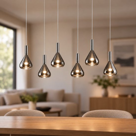 Lampadario a sospensione 6 luci led 33,6w 2000k 4000k dim to warm nero con vetri fumè cromati