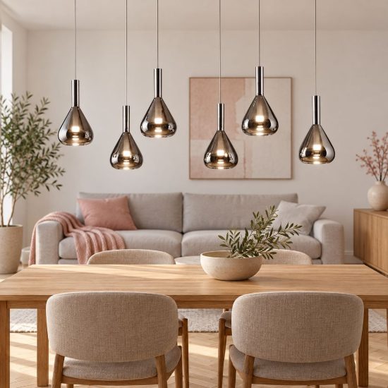 Lampadario a sospensione 6 luci led 33,6w 2000k 4000k dim to warm nero con vetri fumè cromati