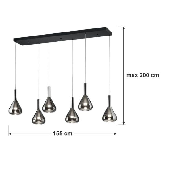 Lampadario a sospensione 6 luci led 33,6w 2000k 4000k dim to warm nero con vetri fumè cromati