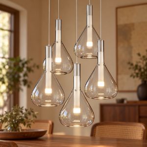Lampadario a sospensione 5 luci led 28w 2000k 4000k dim to warm bianco con vetri trasparenti