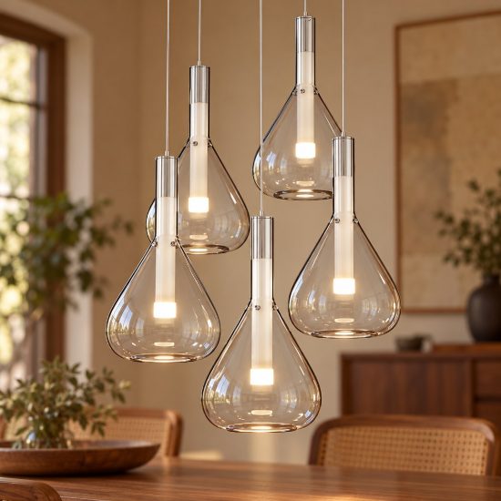 Lampadario a sospensione 5 luci led 28w 2000k 4000k dim to warm bianco con vetri trasparenti