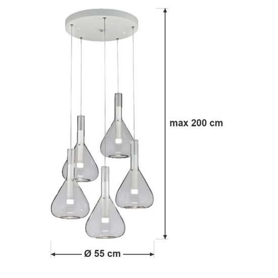 Lampadario a sospensione 5 luci led 28w 2000k 4000k dim to warm bianco con vetri trasparenti