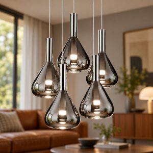 Lampadario a sospensione 5 luci led 28w 2000k 4000k dim to warm nero con vetri fumè cromati