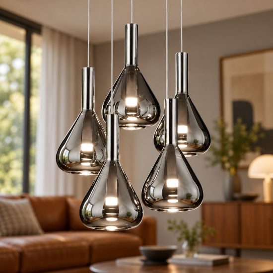 Lampadario a sospensione 5 luci led 28w 2000k 4000k dim to warm nero con vetri fumè cromati