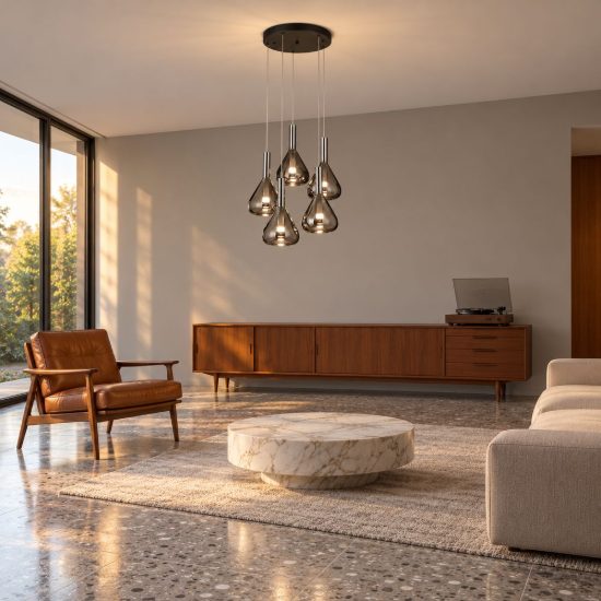 Lampadario a sospensione 5 luci led 28w 2000k 4000k dim to warm nero con vetri fumè cromati