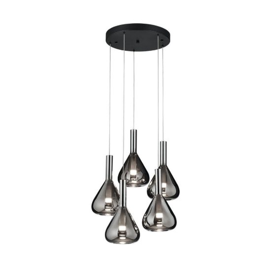 Lampadario a sospensione 5 luci led 28w 2000k 4000k dim to warm nero con vetri fumè cromati