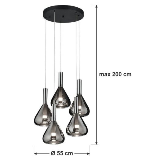 Lampadario a sospensione 5 luci led 28w 2000k 4000k dim to warm nero con vetri fumè cromati