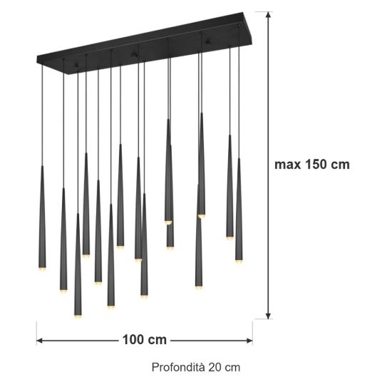 Lampadario a sospensione con 15 pendenti led 57w cct 2300k 3000k 4000k per sala da pranzo nero