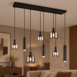 Lampadario a sospensione 5 luci per soggiorno moderno lineare nero con 8 diffusori e vetri cromati
