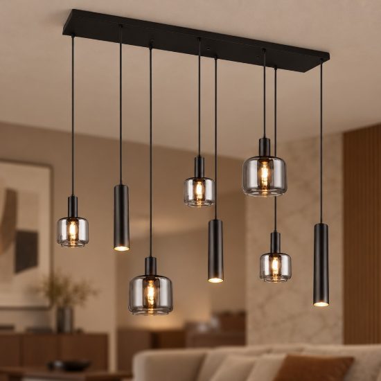 Lampadario a sospensione 5 luci per soggiorno moderno lineare nero con 8 diffusori e vetri cromati