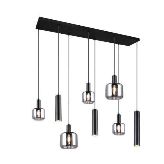 Lampadario a sospensione 5 luci per soggiorno moderno lineare nero con 8 diffusori e vetri cromati