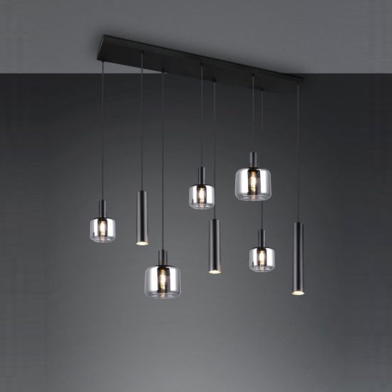 Lampadario a sospensione 5 luci per soggiorno moderno lineare nero con 8 diffusori e vetri cromati
