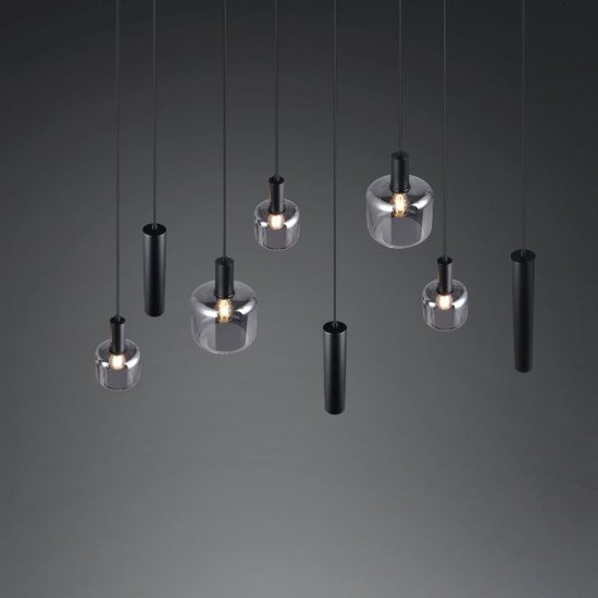 Lampadario a sospensione 5 luci per soggiorno moderno lineare nero con 8 diffusori e vetri cromati