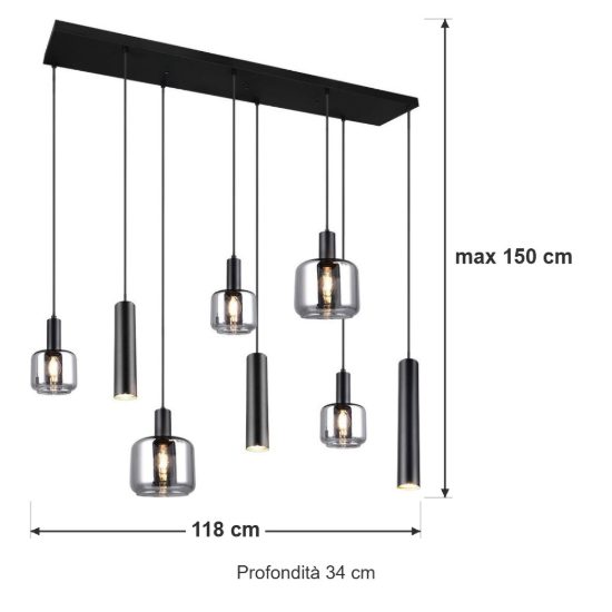 Lampadario a sospensione 5 luci per soggiorno moderno lineare nero con 8 diffusori e vetri cromati