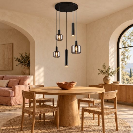 Lampadario a sospensione con 3 pendenti per soggiorno moderno nero con 5 diffusori vetri cromati
