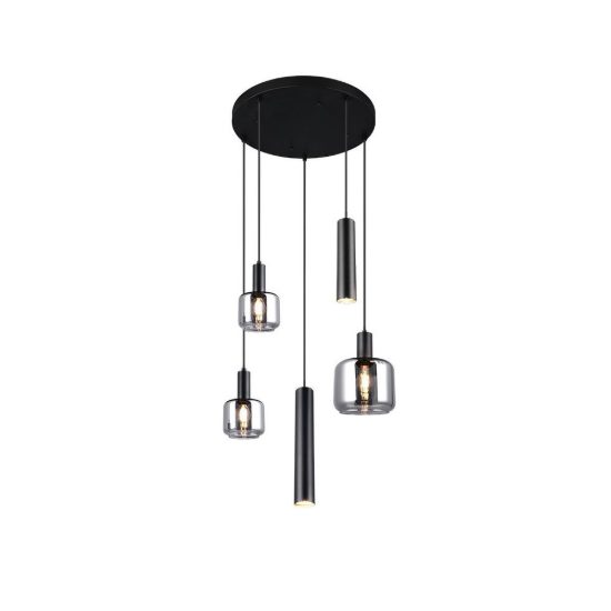 Lampadario a sospensione con 3 pendenti per soggiorno moderno nero con 5 diffusori vetri cromati