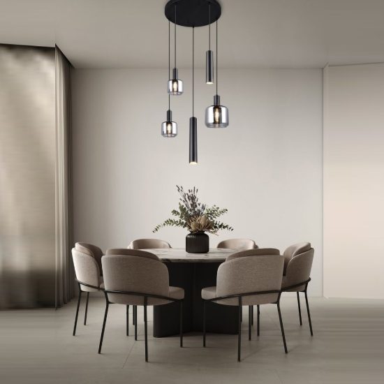 Lampadario a sospensione con 3 pendenti per soggiorno moderno nero con 5 diffusori vetri cromati