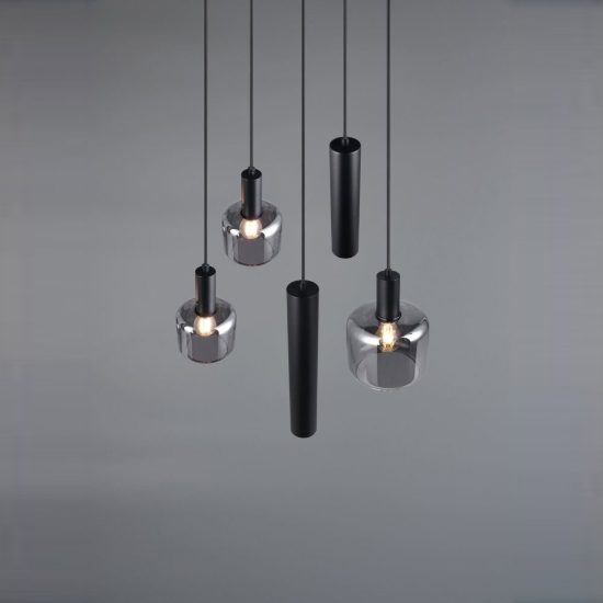 Lampadario a sospensione con 3 pendenti per soggiorno moderno nero con 5 diffusori vetri cromati