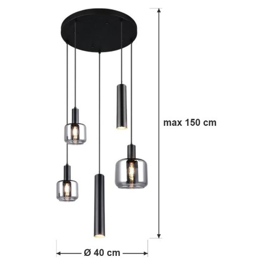 Lampadario a sospensione con 3 pendenti per soggiorno moderno nero con 5 diffusori vetri cromati