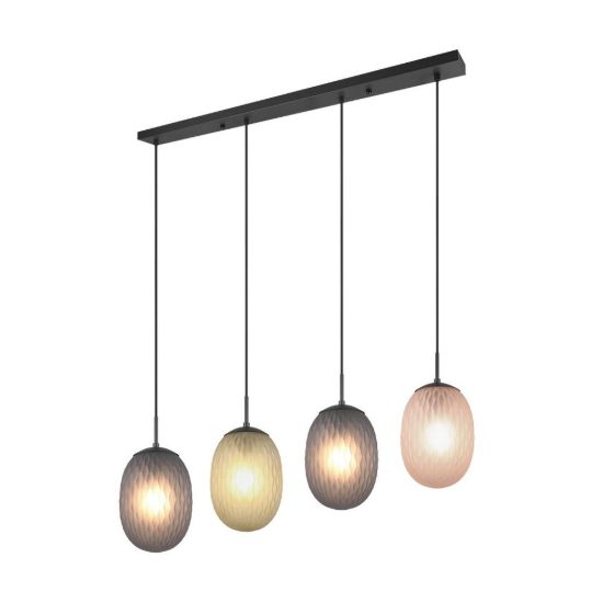 Lampadario a sospensione 4 luci per sala da pranzo moderno nero con vetri lavorati multicolore