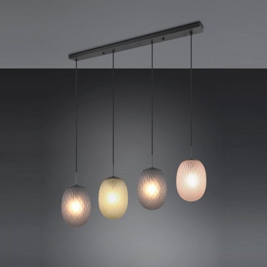 Lampadario a sospensione 4 luci per sala da pranzo moderno nero con vetri lavorati multicolore