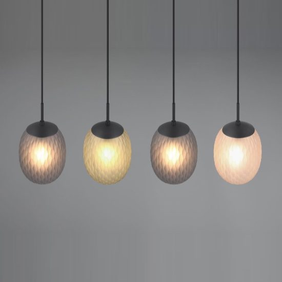 Lampadario a sospensione 4 luci per sala da pranzo moderno nero con vetri lavorati multicolore