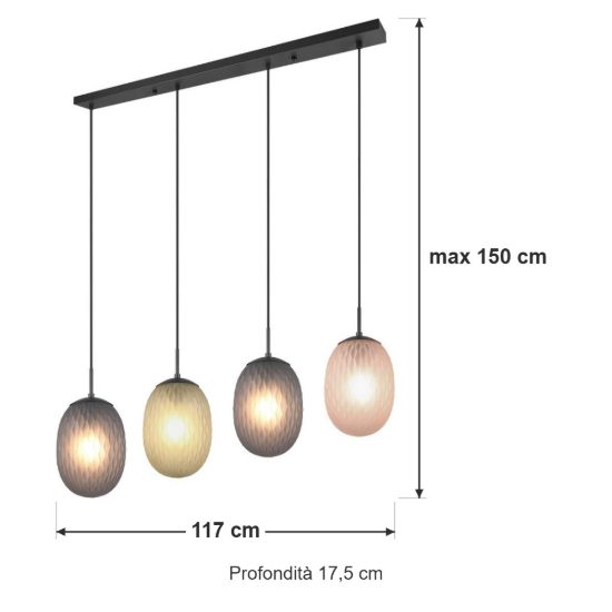 Lampadario a sospensione 4 luci per sala da pranzo moderno nero con vetri lavorati multicolore