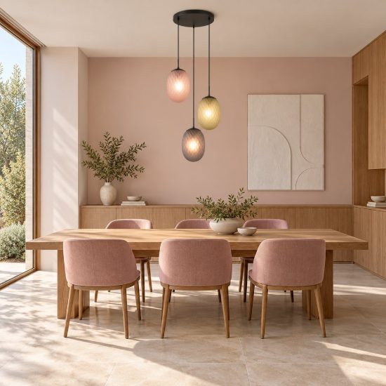Lampadario a sospensione 3 luci per sala da pranzo moderno nero con vetri lavorati multicolore