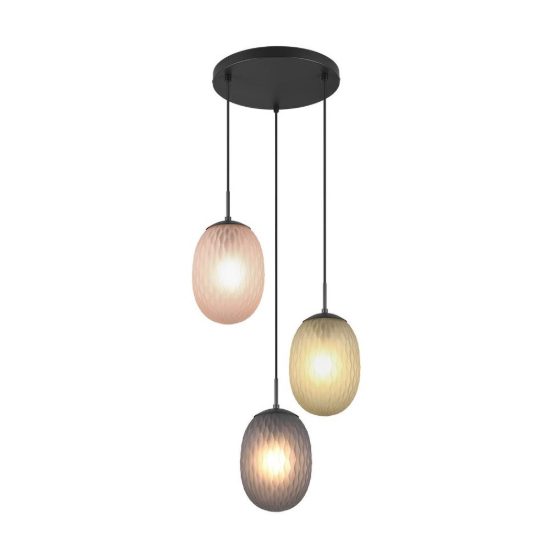Lampadario a sospensione 3 luci per sala da pranzo moderno nero con vetri lavorati multicolore
