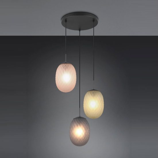 Lampadario a sospensione 3 luci per sala da pranzo moderno nero con vetri lavorati multicolore