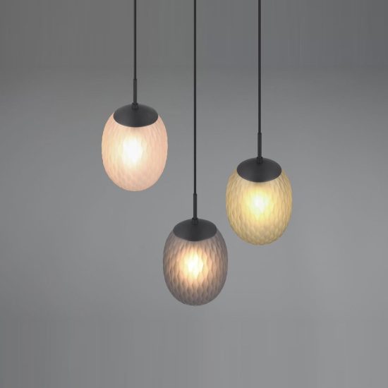 Lampadario a sospensione 3 luci per sala da pranzo moderno nero con vetri lavorati multicolore