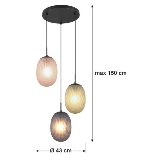 Lampadario a sospensione 3 luci per sala da pranzo moderno nero con vetri lavorati multicolore