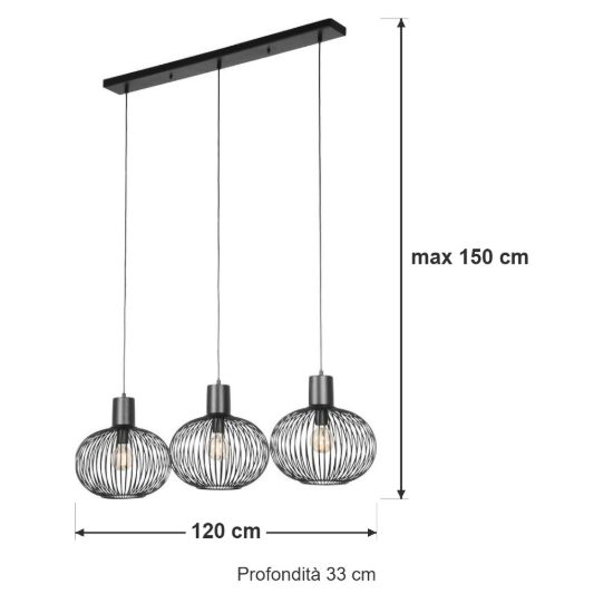 Lampadario a sospensione con 3 pendenti per sala da pranzo moderno nero a gabbia