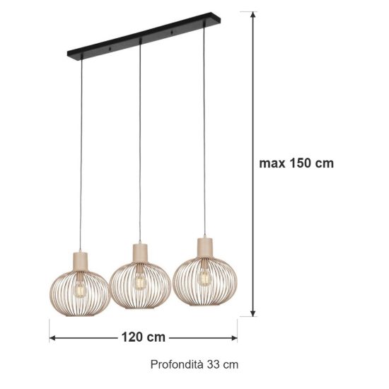 Lampadario a sospensione 3 luci per sala da pranzo moderno sabbia a gabbia