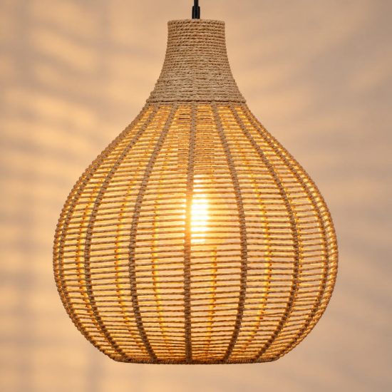 Lampadario a sospensione grande per sala da pranzo con paralume in juta intrecciata naturale