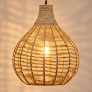 Lampadario a sospensione piccolo per sala da pranzo con paralume in juta intrecciata naturale