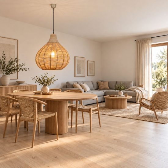 Lampadario a sospensione piccolo per sala da pranzo con paralume in juta intrecciata naturale