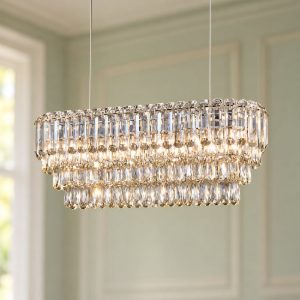 Lampadario a sospensione 10 luci per sala da pranzo rettangolare cromo con cristalli trasparenti