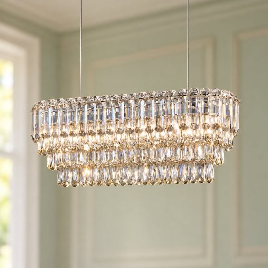 Lampadario a sospensione 10 luci per sala da pranzo rettangolare cromo con cristalli trasparenti
