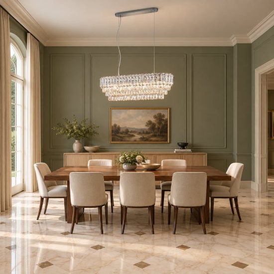 Lampadario a sospensione 10 luci per sala da pranzo rettangolare cromo con cristalli trasparenti
