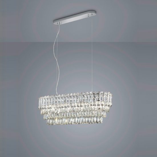 Lampadario a sospensione 10 luci per sala da pranzo rettangolare cromo con cristalli trasparenti