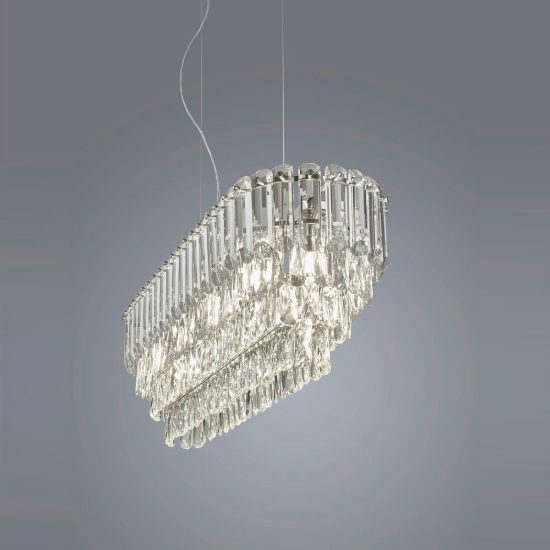 Lampadario a sospensione 10 luci per sala da pranzo rettangolare cromo con cristalli trasparenti