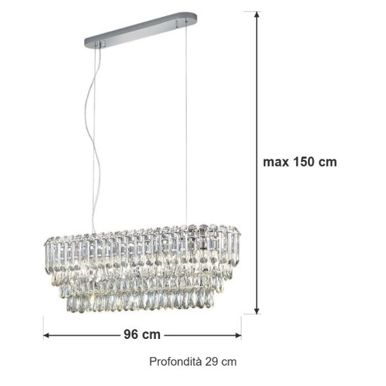 Lampadario a sospensione 10 luci per sala da pranzo rettangolare cromo con cristalli trasparenti