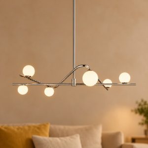 Lampadario a sospensione 6 luci per soggiorno nichel opaco e cromo con diffusori in vetro bianco