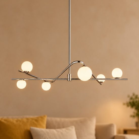 Lampadario a sospensione 6 luci per soggiorno nichel opaco e cromo con diffusori in vetro bianco