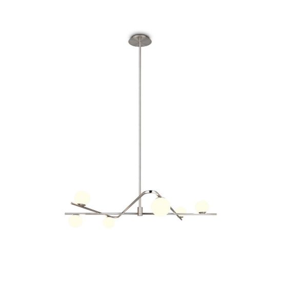 Lampadario a sospensione 6 luci per soggiorno nichel opaco e cromo con diffusori in vetro bianco